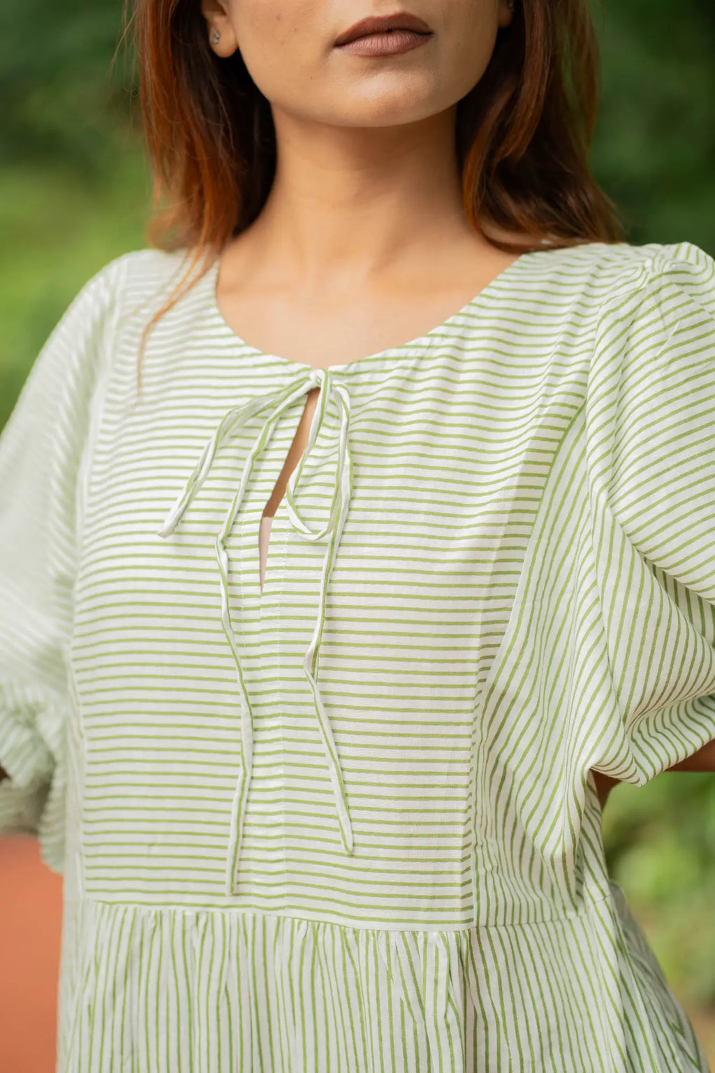 Hand Block-Print Striped Cotton Midi Dress for Women — Boho