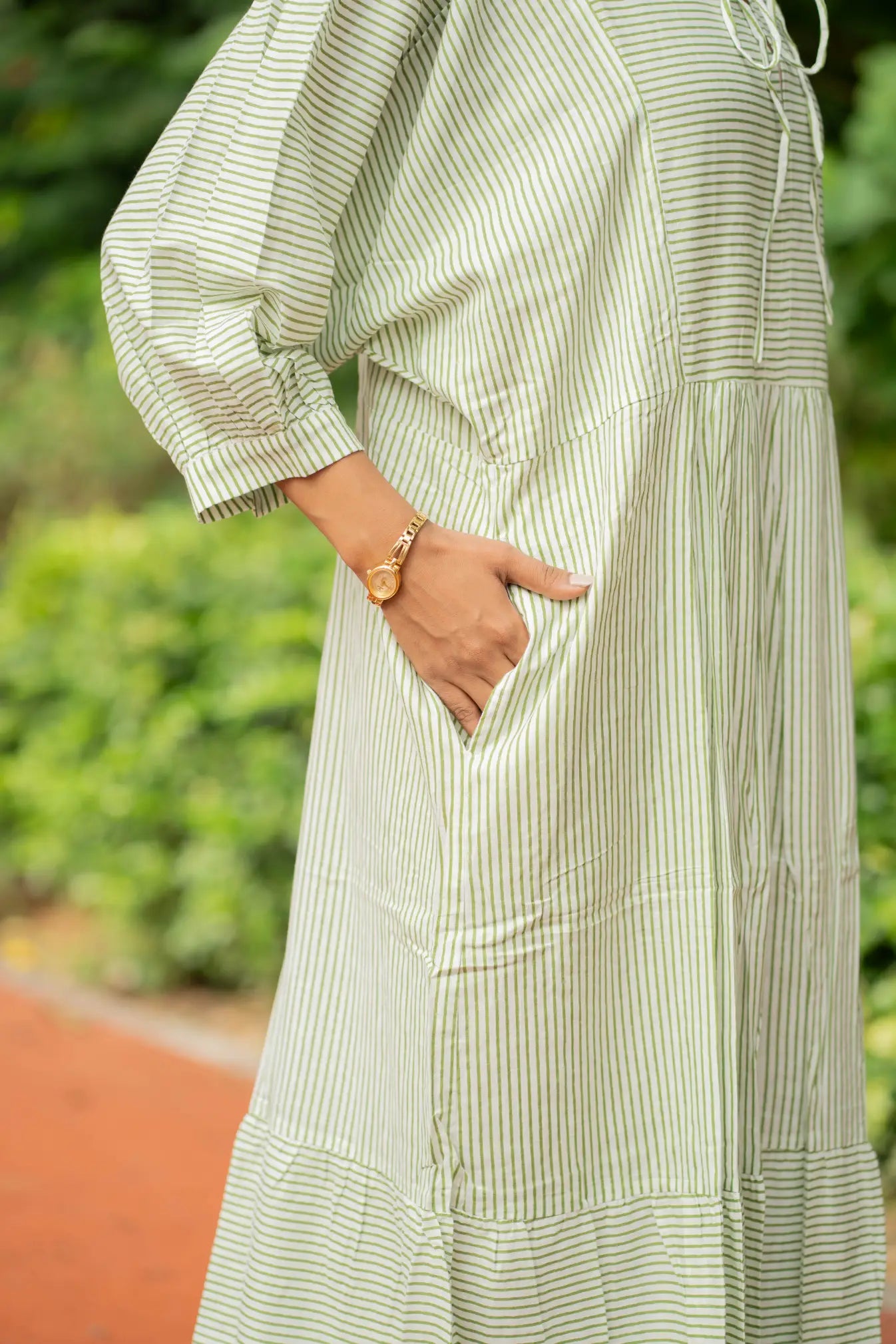 Hand Block-Print Striped Cotton Midi Dress for Women — Boho - gallery