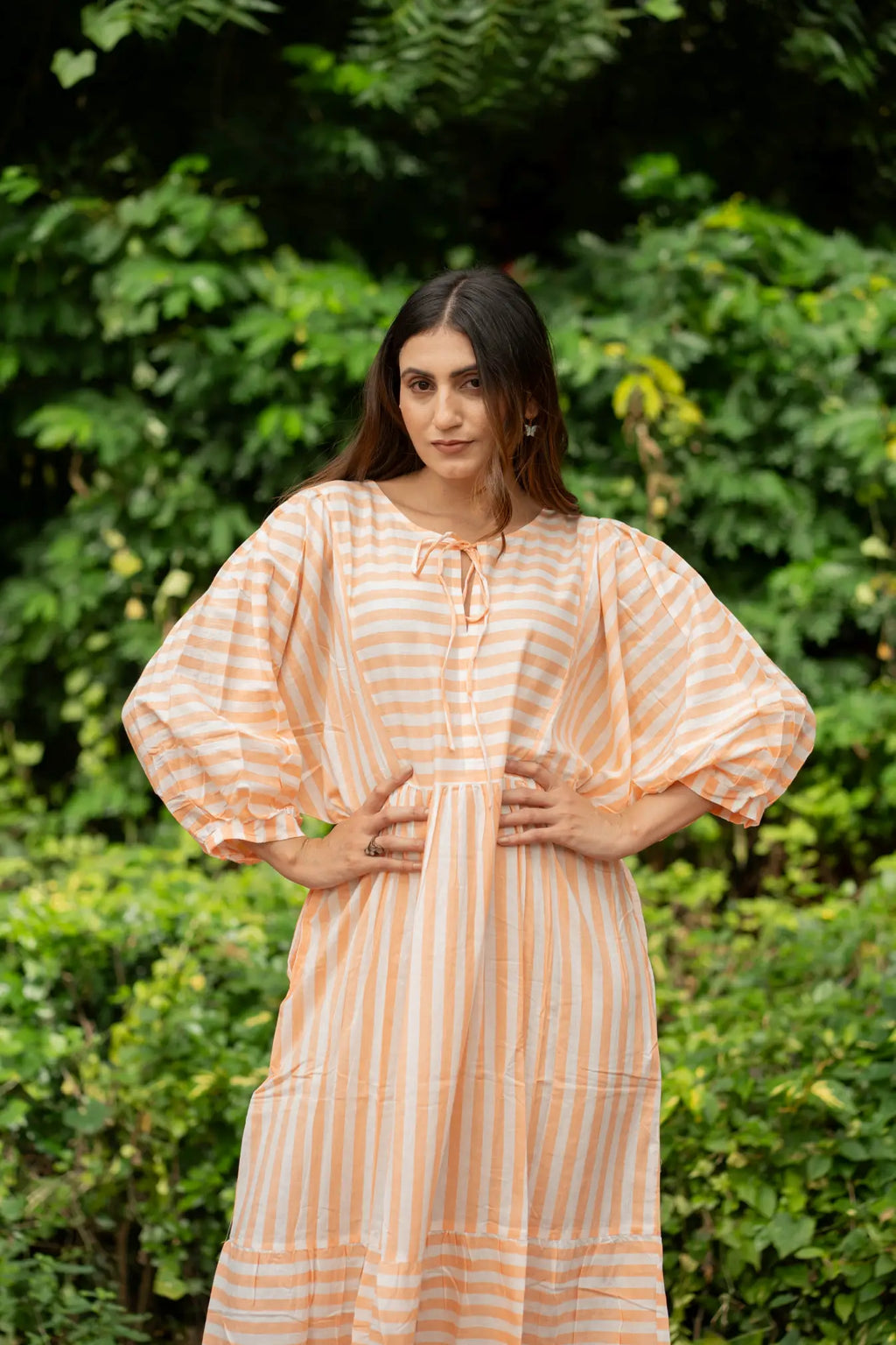 Hand Block-Print Striped Cotton Summer Midi Dress for Women - gallery