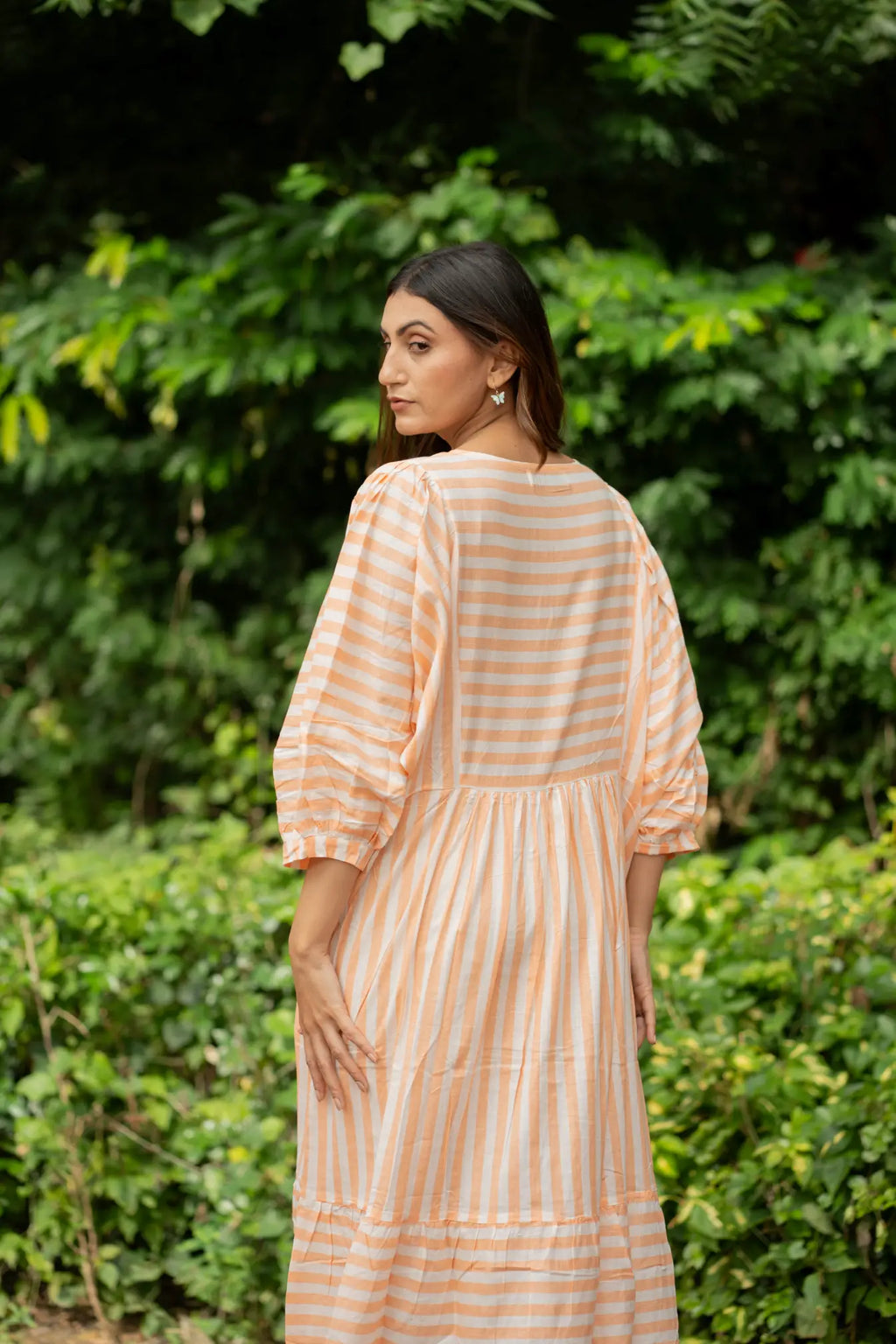 Hand Block-Print Striped Cotton Summer Midi Dress for Women - gallery