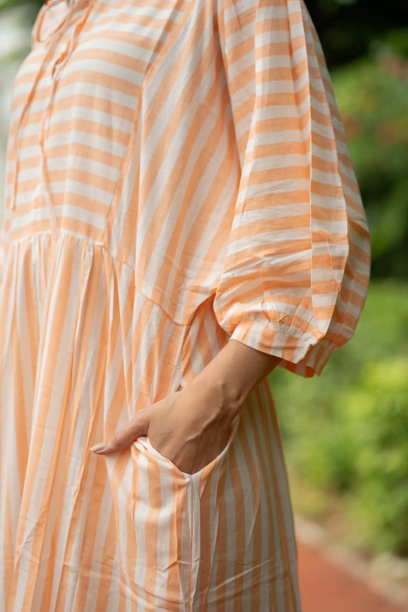Hand Block-Print Striped Cotton Summer Midi Dress for Women - gallery