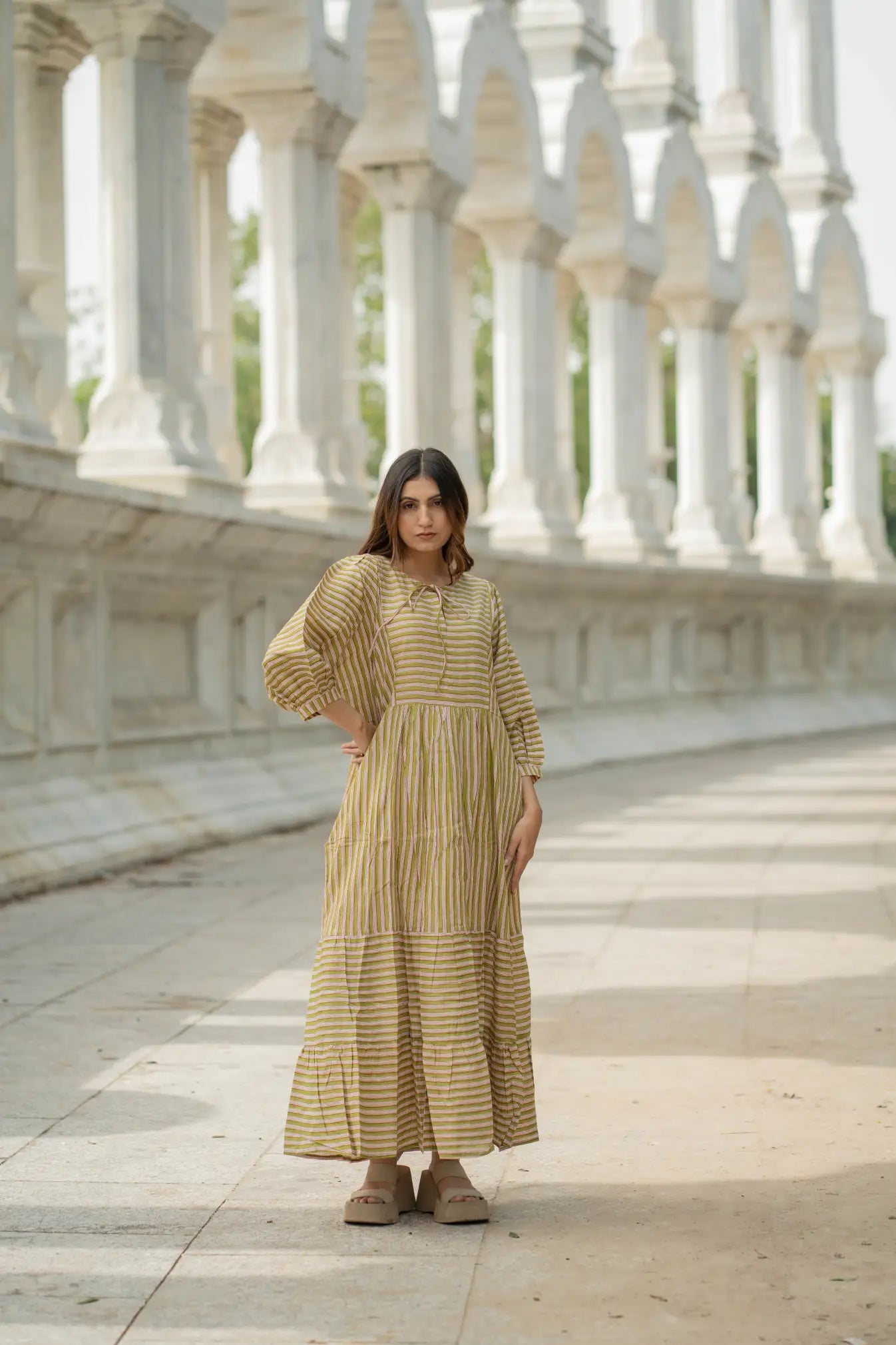 Hand Block Stripe Cotton Midi Dress for Women — Sustainable Craft - gallery