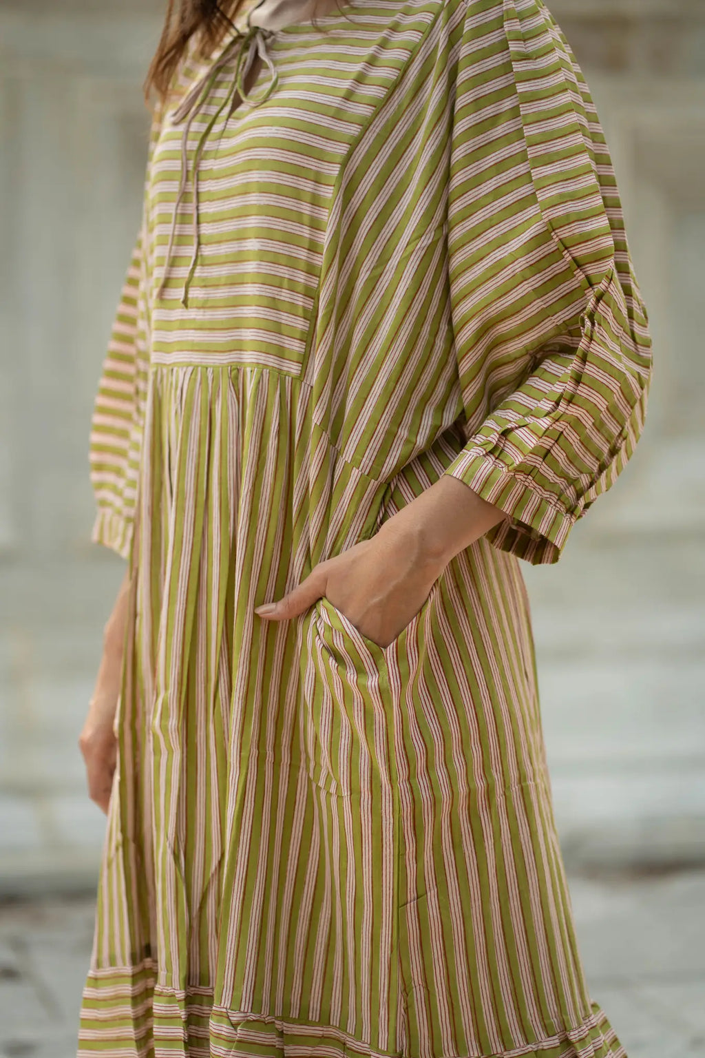 Hand Block Stripe Cotton Midi Dress for Women — Sustainable Craft - gallery