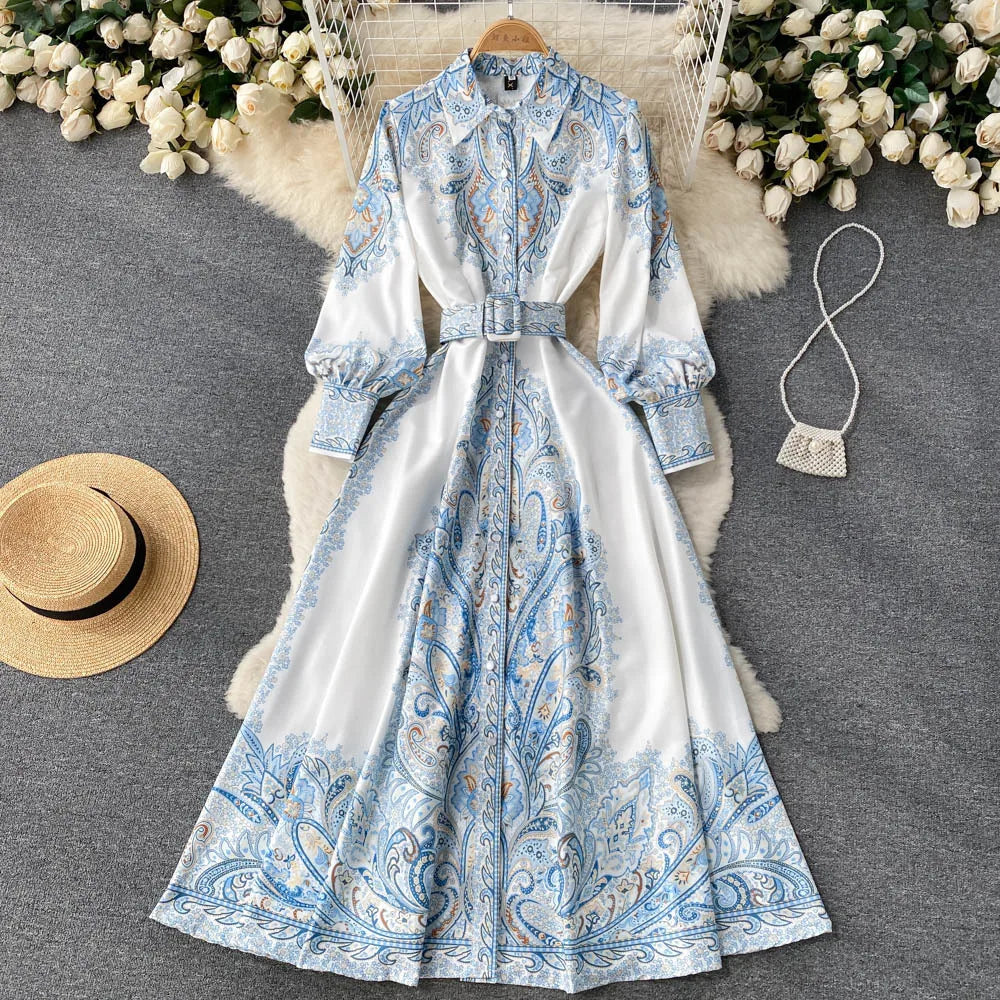 Floral Print A-Line Dress with Belted Waist