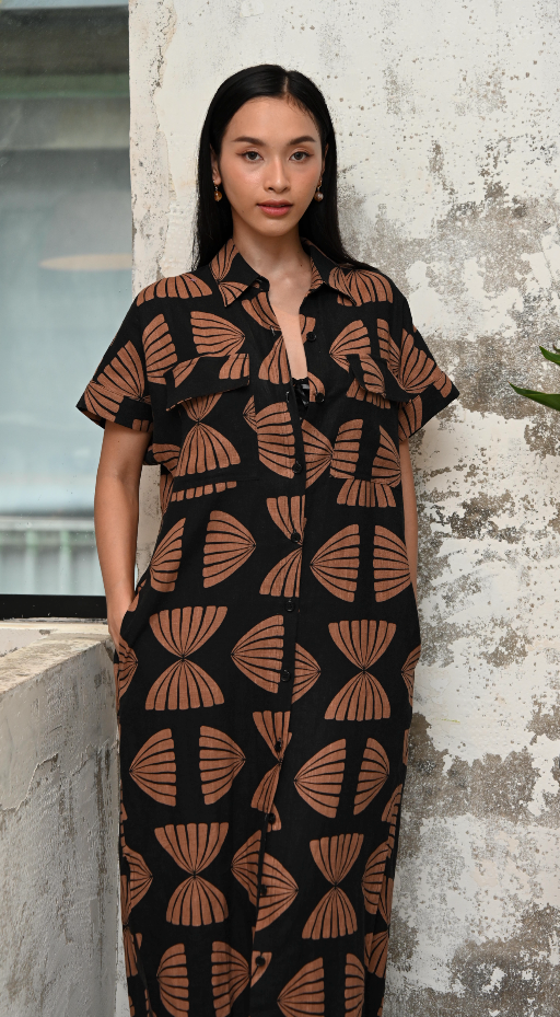 Copper Butterfly Linen Maxi Shirt Dress for Women - gallery