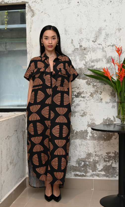 Copper Butterfly Linen Maxi Shirt Dress for Women - gallery