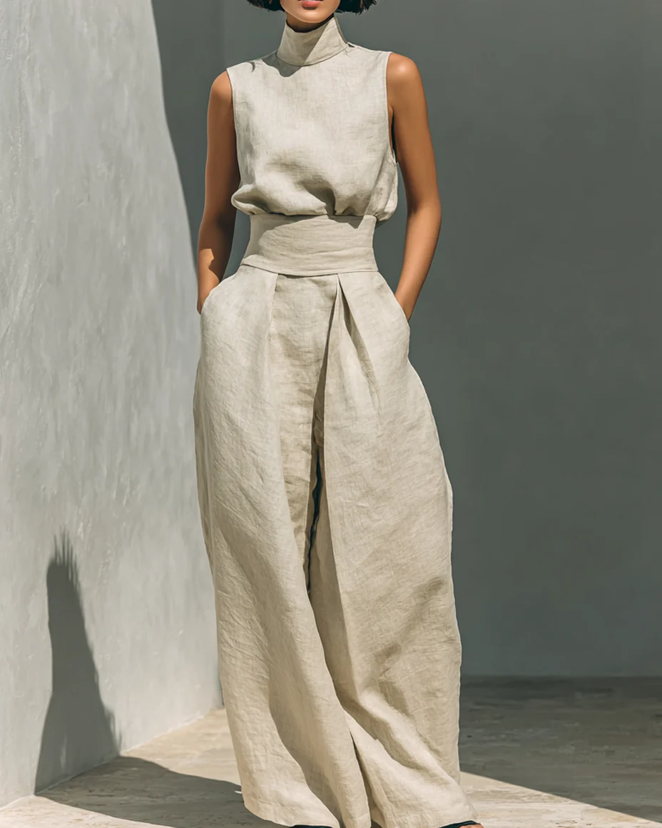 Linen Mock Neck Top and Wide Leg Pants Set for Women — Minimalist - gallery