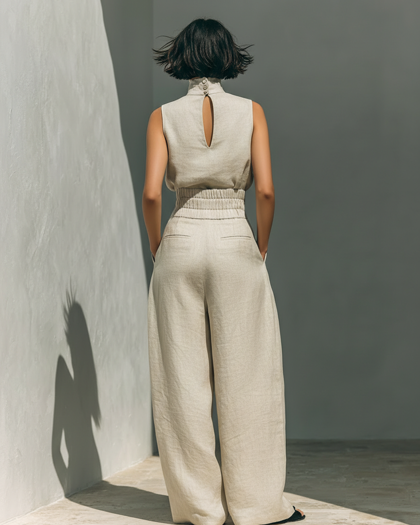 Linen Mock Neck Top and Wide Leg Pants Set for Women — Minimalist - gallery