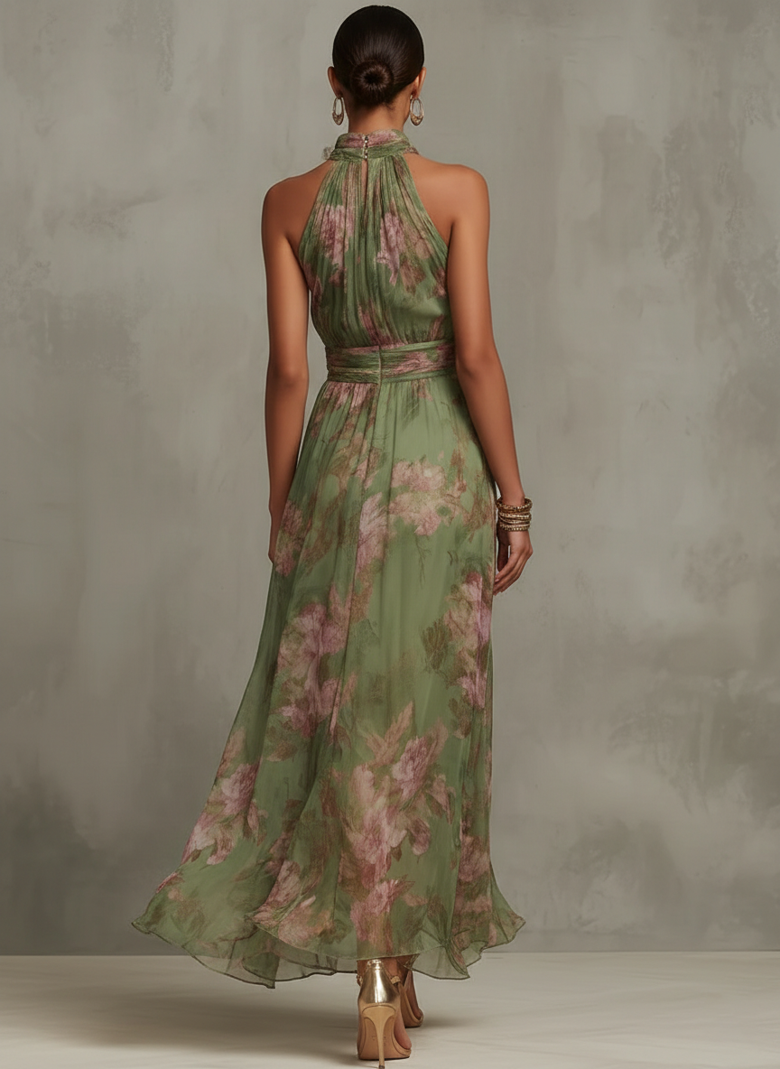 Green Floral Chiffon Halter Maxi Dress for Women - gallery