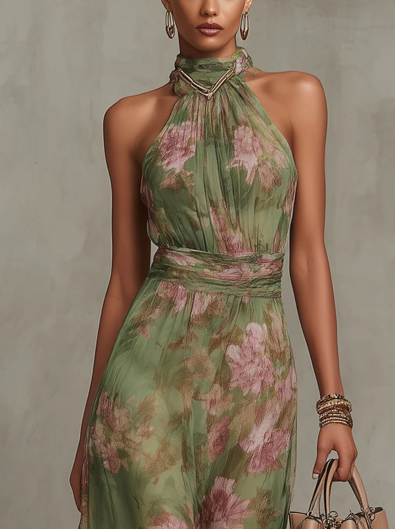 Green Floral Chiffon Halter Maxi Dress for Women - gallery