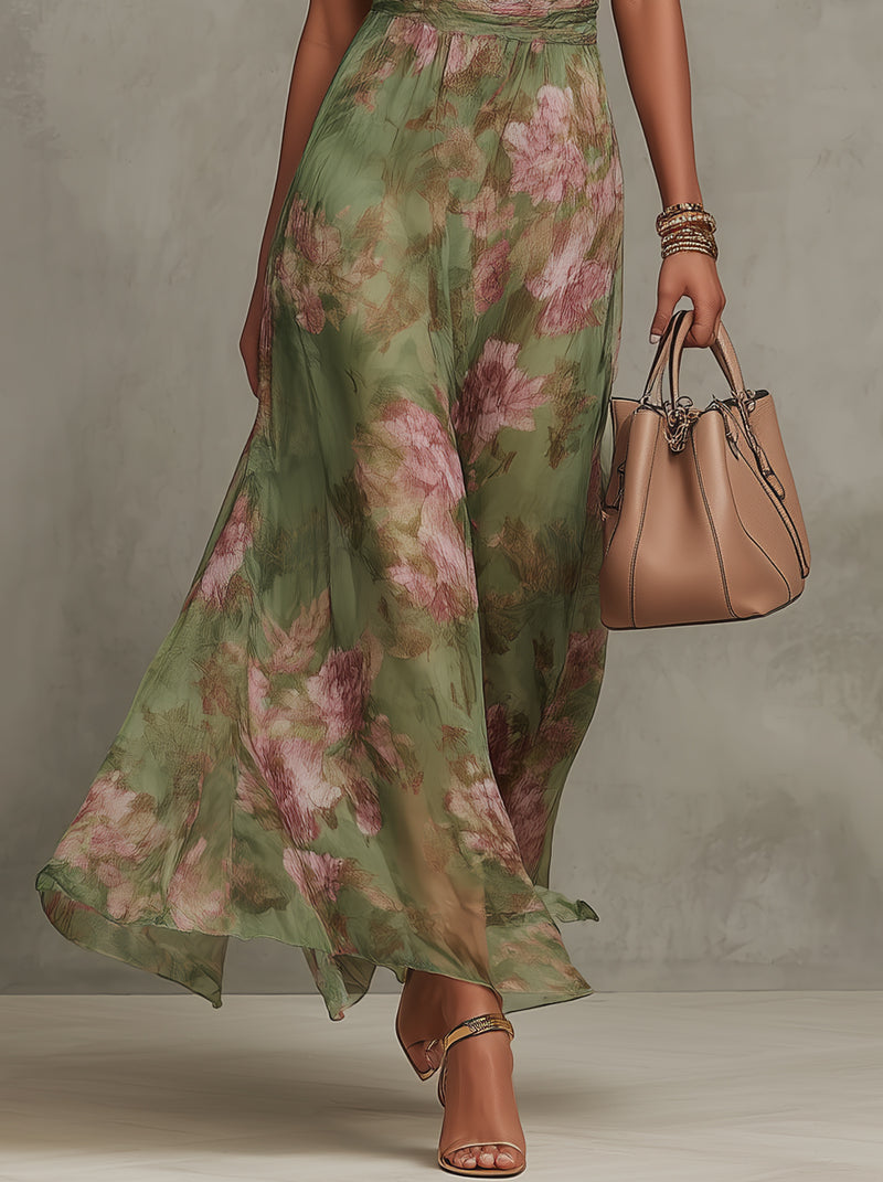 Green Floral Chiffon Halter Maxi Dress for Women - gallery