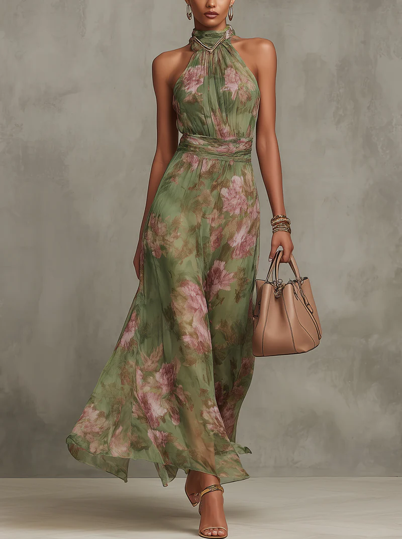 Green Floral Chiffon Halter Maxi Dress for Women