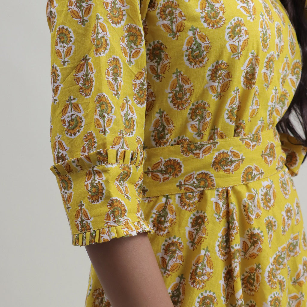 Belted Floral Block Print Cotton Midi Dress for Women - gallery