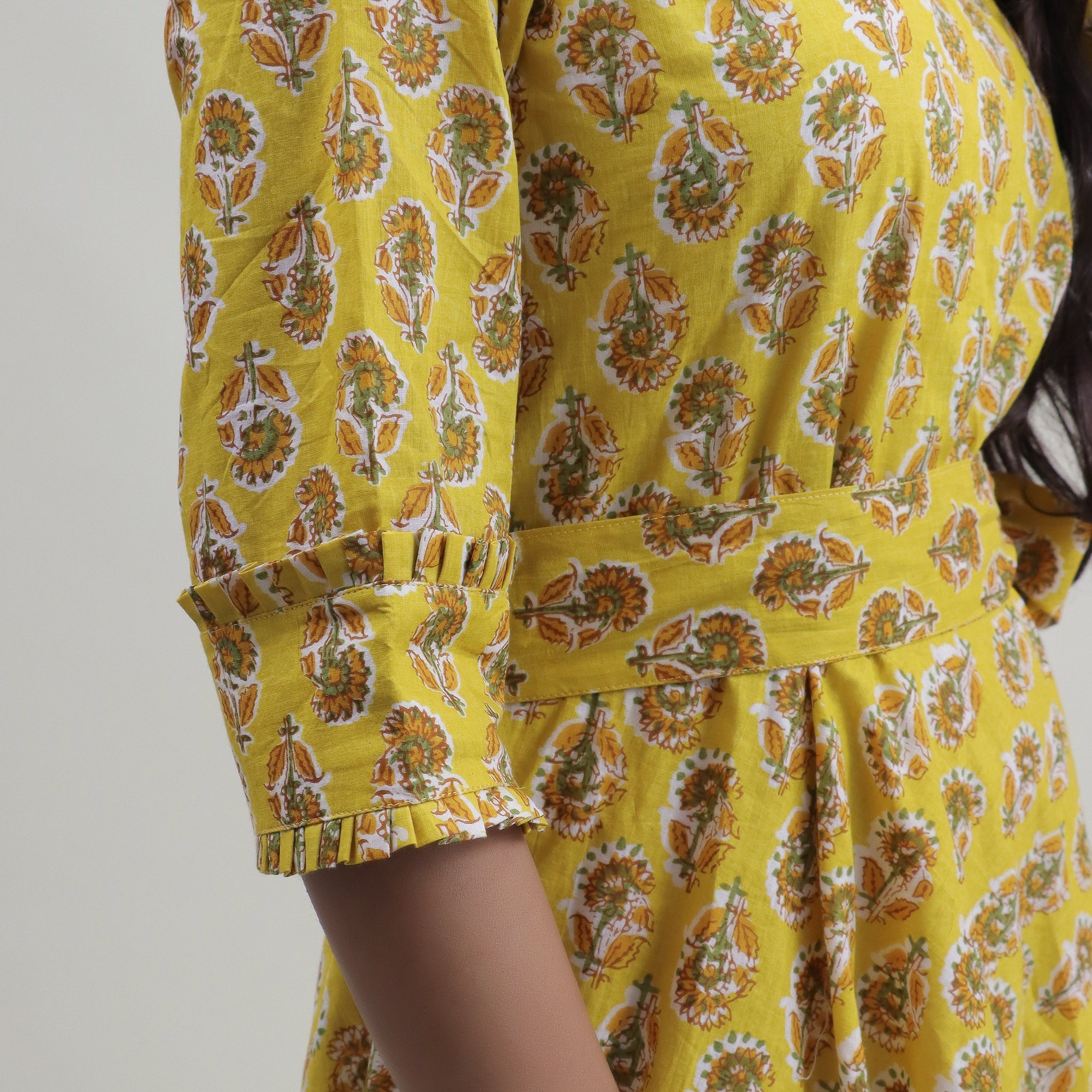 Belted Floral Block Print Cotton Midi Dress for Women - gallery