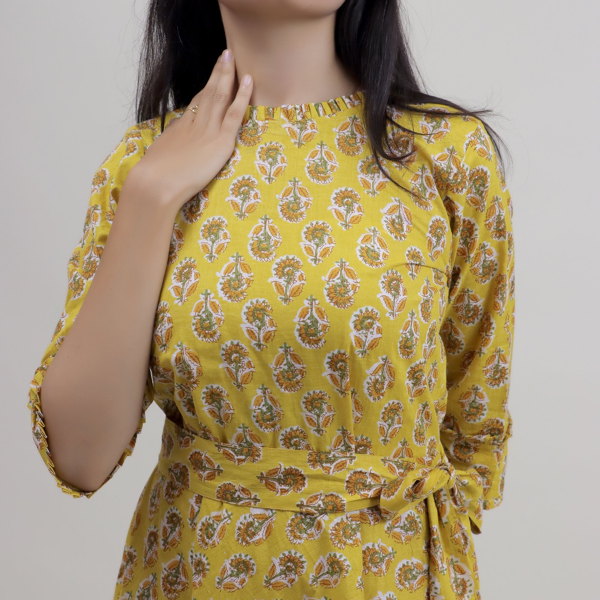 Belted Floral Block Print Cotton Midi Dress for Women - gallery