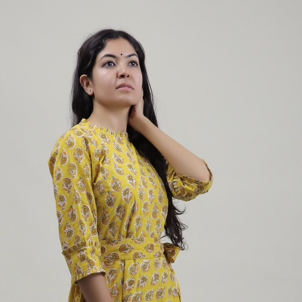 Belted Floral Block Print Cotton Midi Dress for Women - gallery