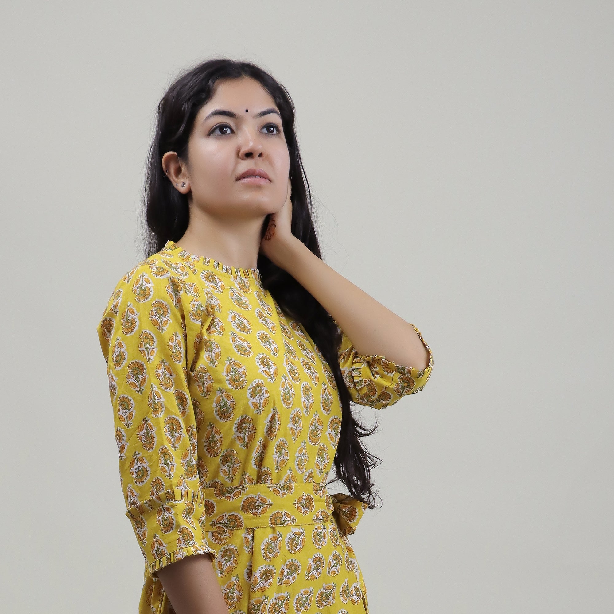Belted Floral Block Print Cotton Midi Dress for Women - gallery