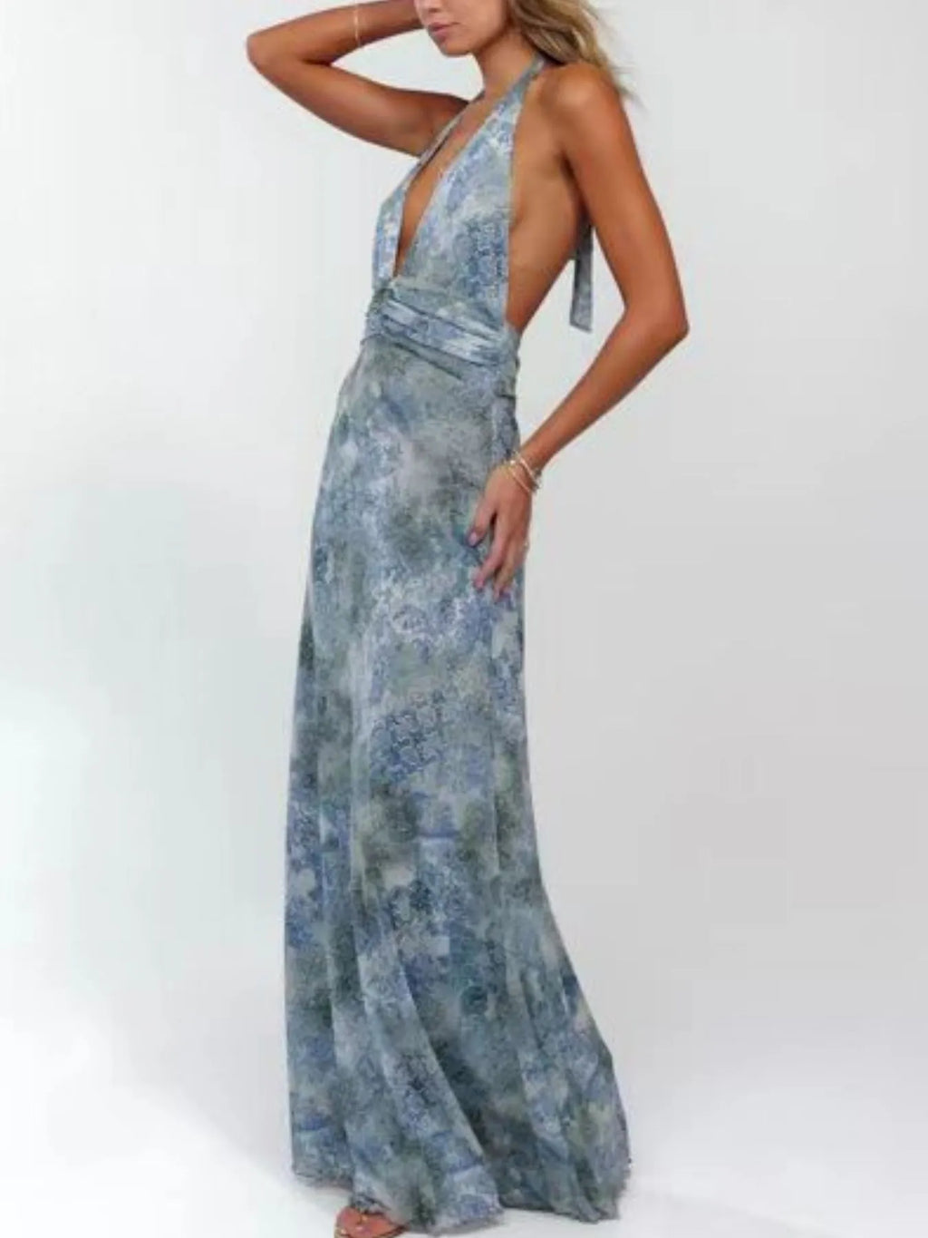 Floral Halter Neck Deep V Maxi Dress for Women - gallery