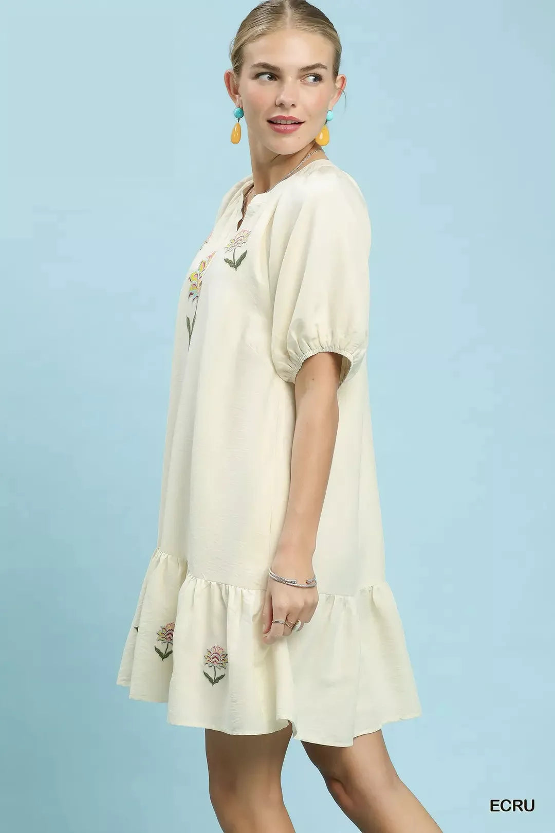Embroidered Floral Babydoll Dress for Women — Puff Sleeves - gallery