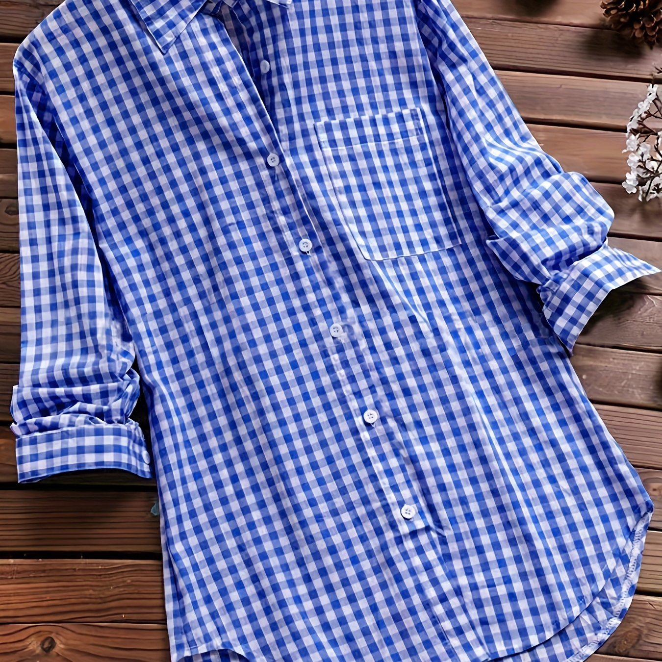 Gingham Print Long Sleeve Shirt Top for Women