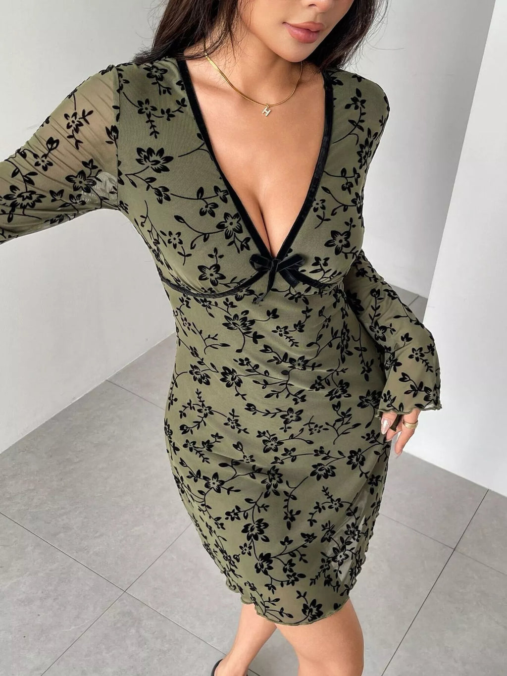 Floral Print Flare Sleeve Mini Dress for Women - gallery
