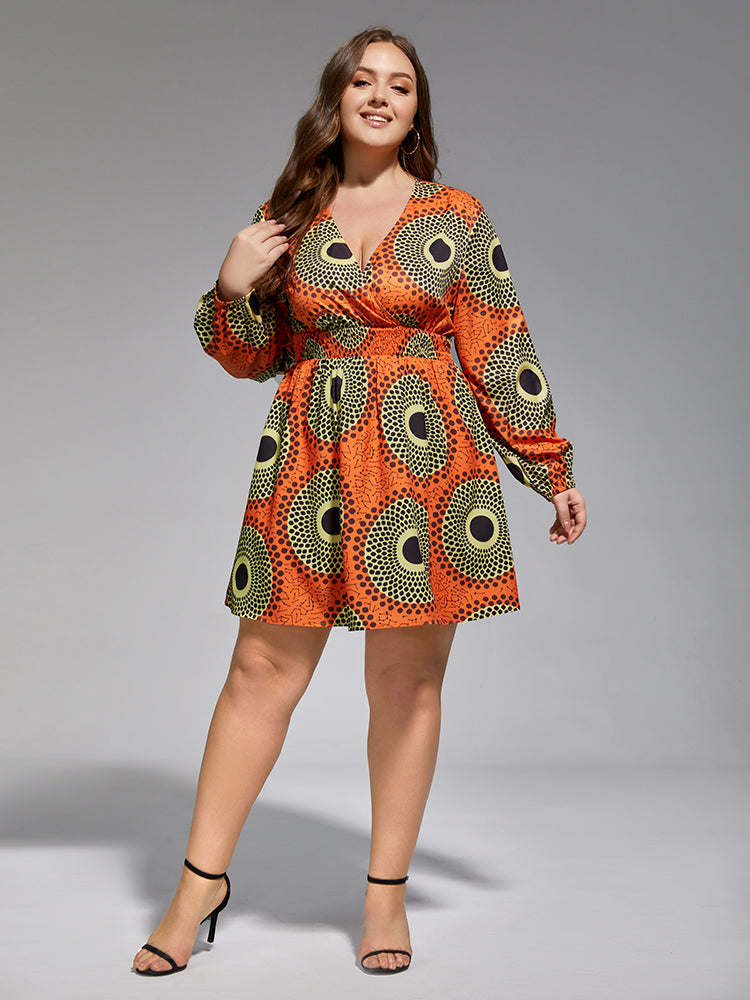 Plus Geometric V Neck Elastic Waist Dress for Women - gallery