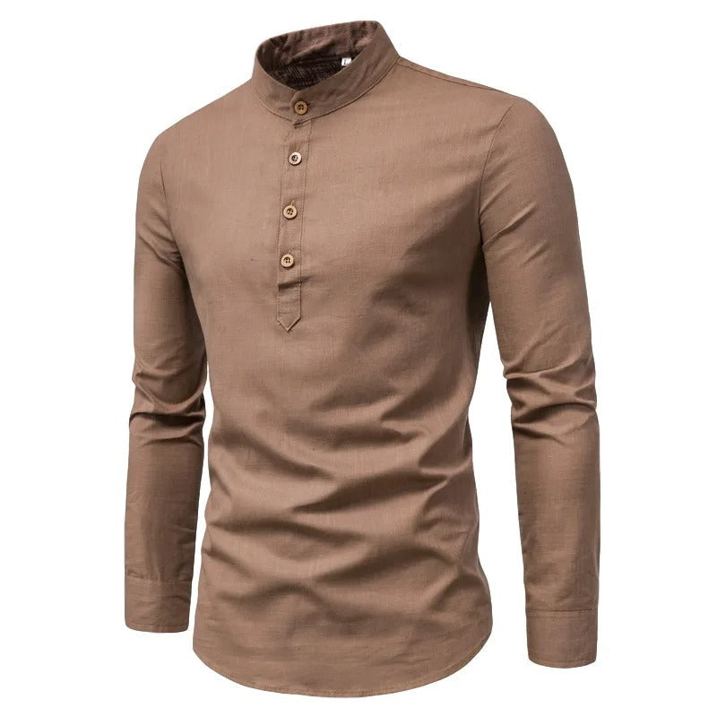 Elegant Linen Shirt with Stand Collar for Men