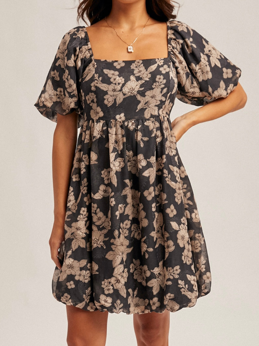 Jacquard Floral Bubble Mini Dress for Women — Square Neck Puff Sleeve