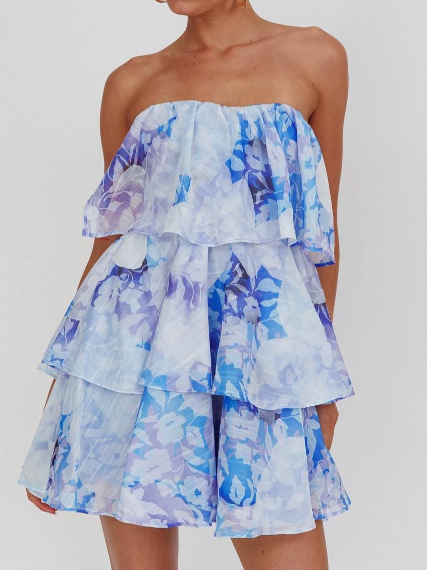 Blue Chiffon Tiered Mini Dress for Women — Strapless Floral - gallery