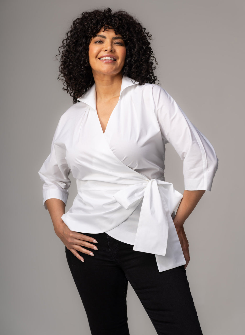 Abigail Curve Wrap Blouse — Hourglass Cotton Poplin for Women - gallery