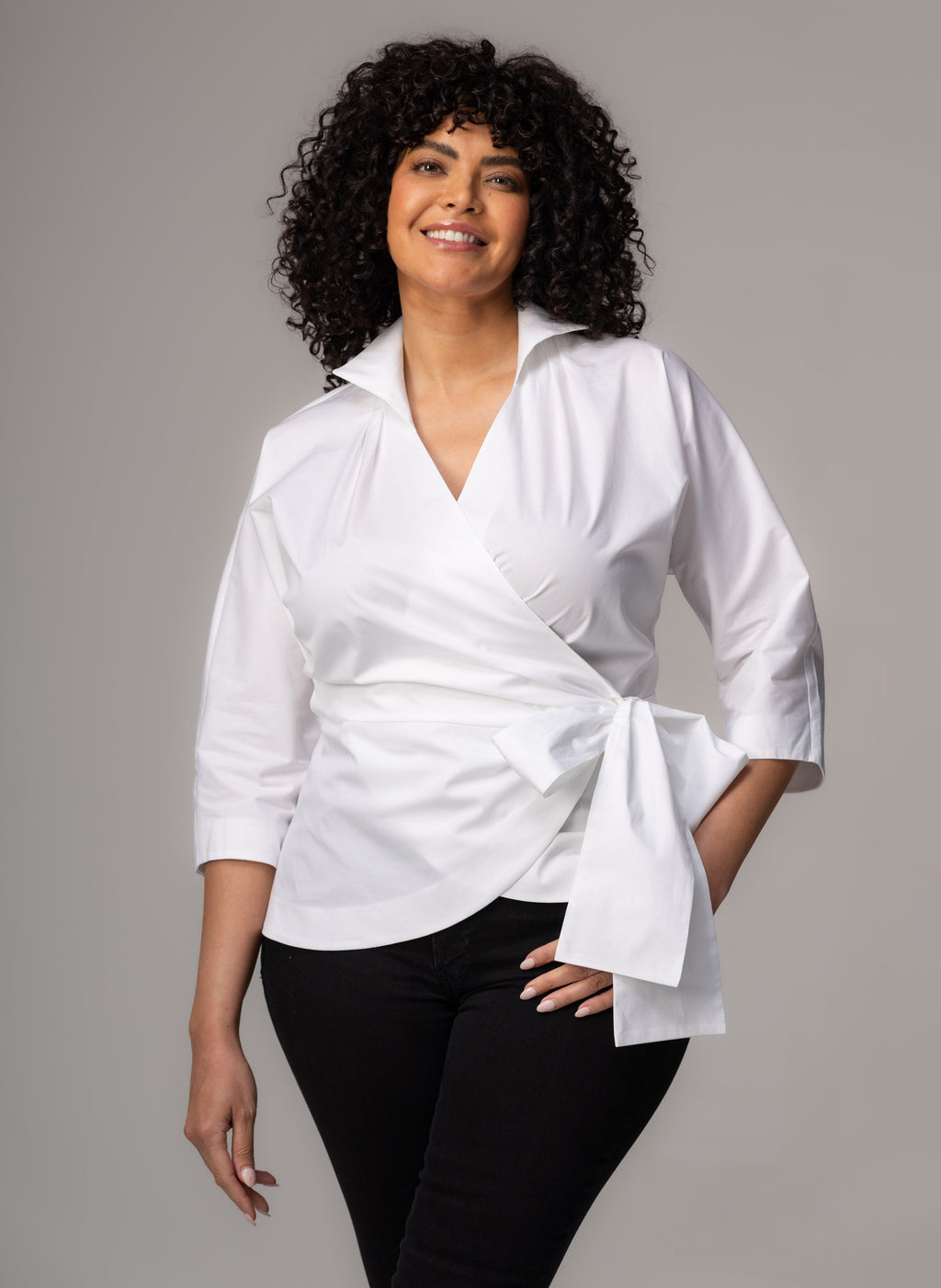 Abigail Curve Wrap Blouse — Hourglass Cotton Poplin for Women - gallery