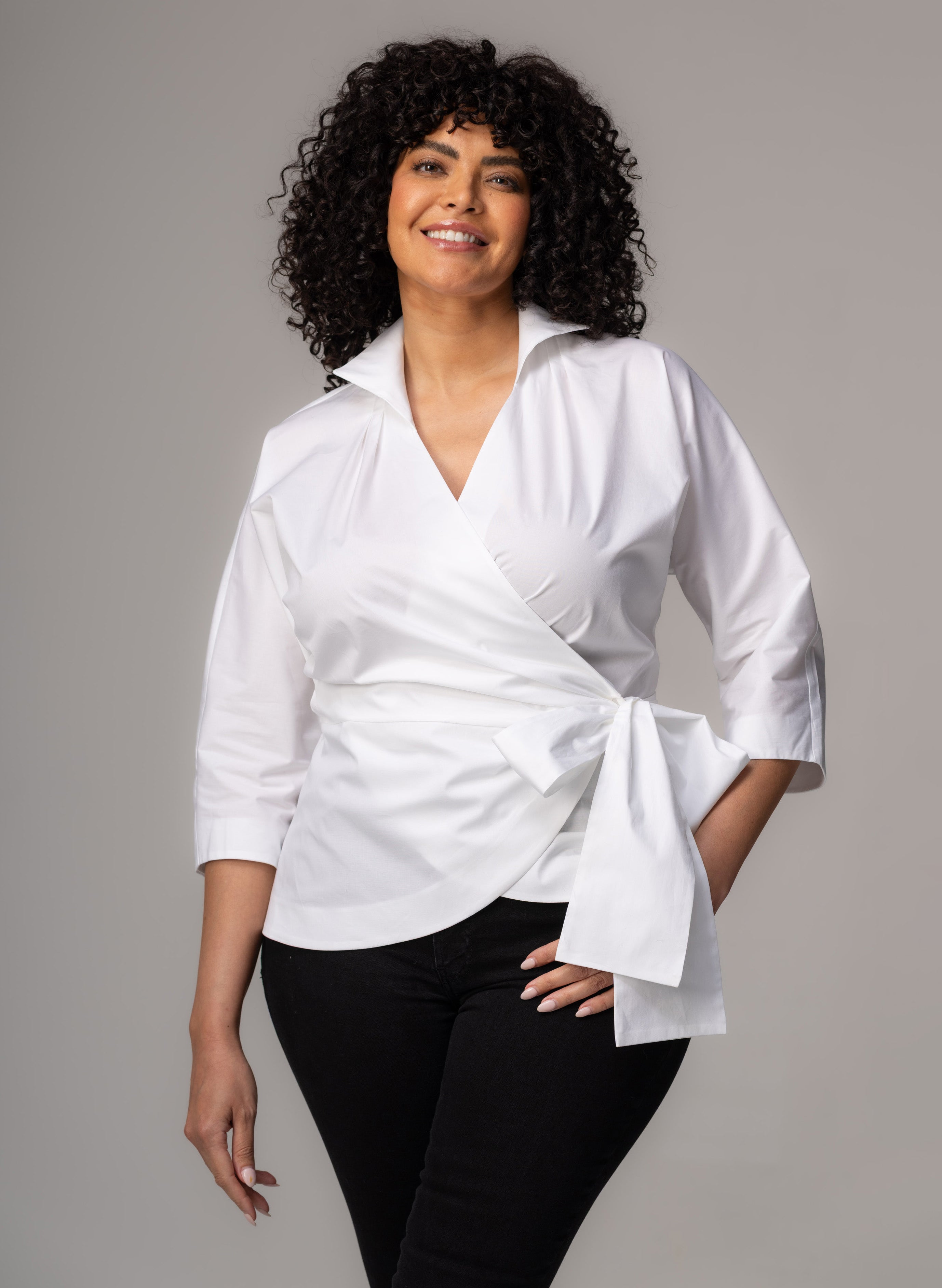 Abigail Curve Wrap Blouse — Hourglass Cotton Poplin for Women - gallery