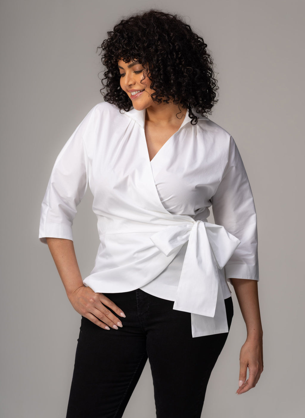 Abigail Curve Wrap Blouse — Hourglass Cotton Poplin for Women - gallery