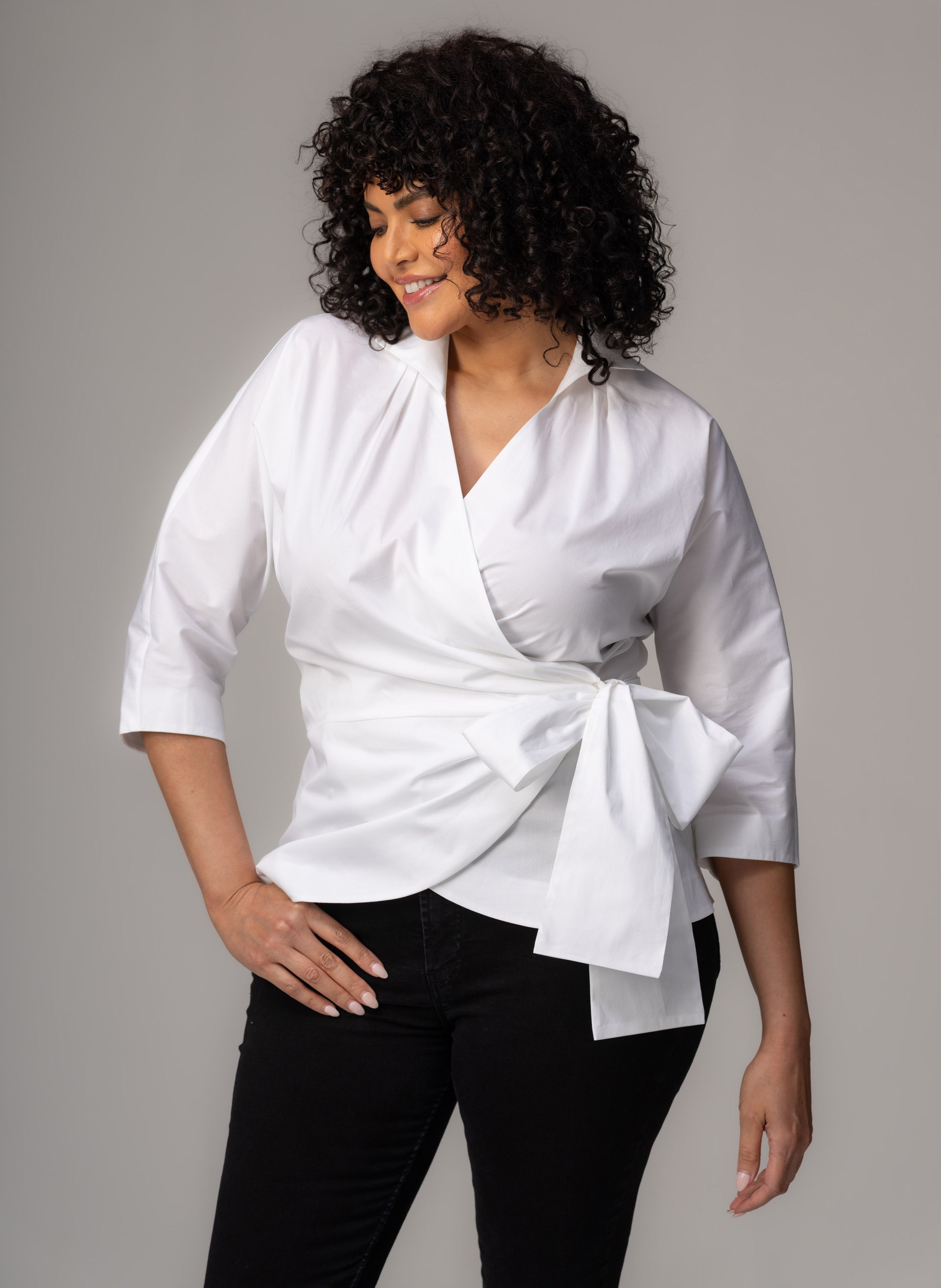 Abigail Curve Wrap Blouse — Hourglass Cotton Poplin for Women - gallery