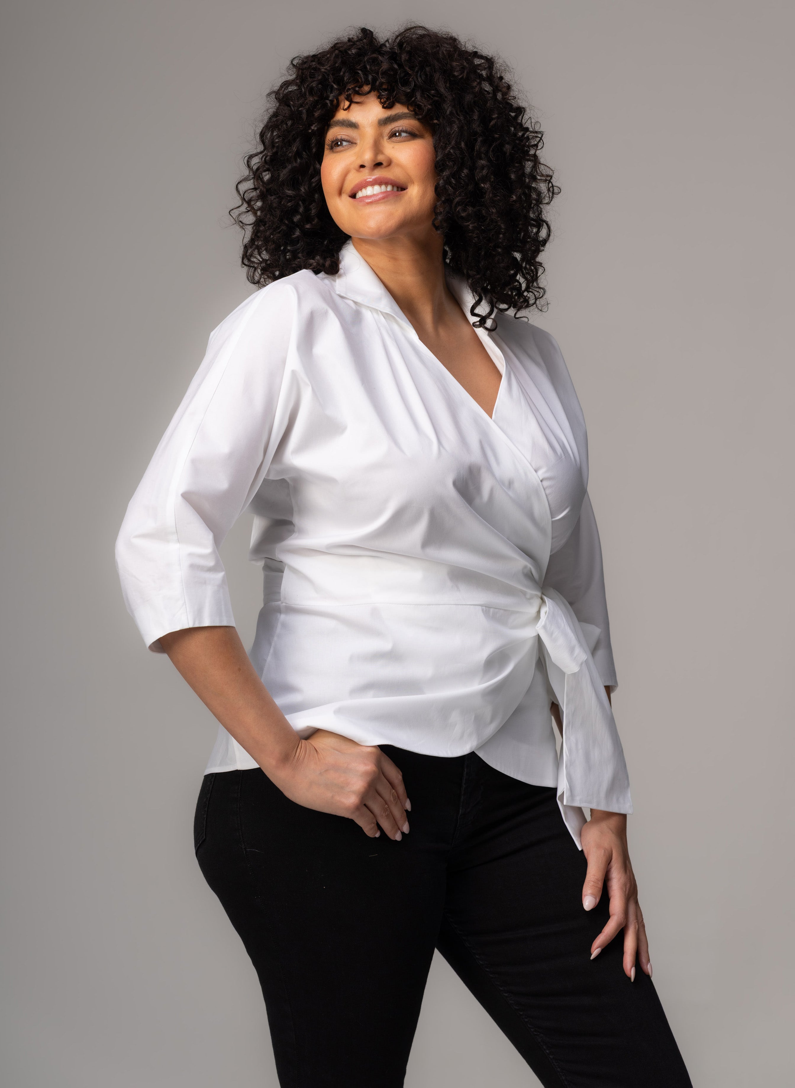 Abigail Curve Wrap Blouse — Hourglass Cotton Poplin for Women - gallery