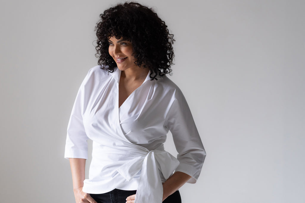 Abigail Curve Wrap Blouse — Hourglass Cotton Poplin for Women