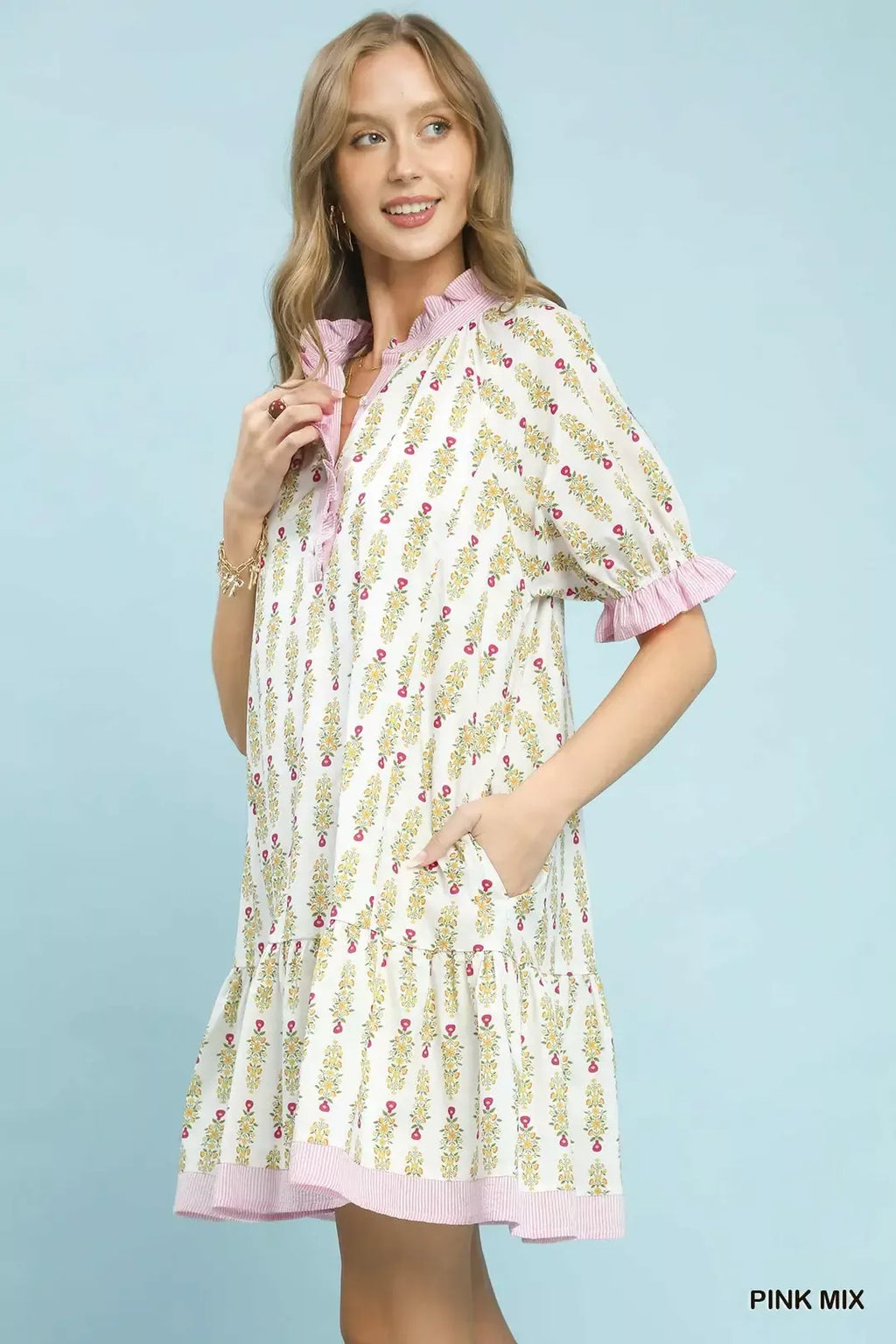 Pink Floral Tiered Mini Dress for Women — Striped Trim Detail - gallery