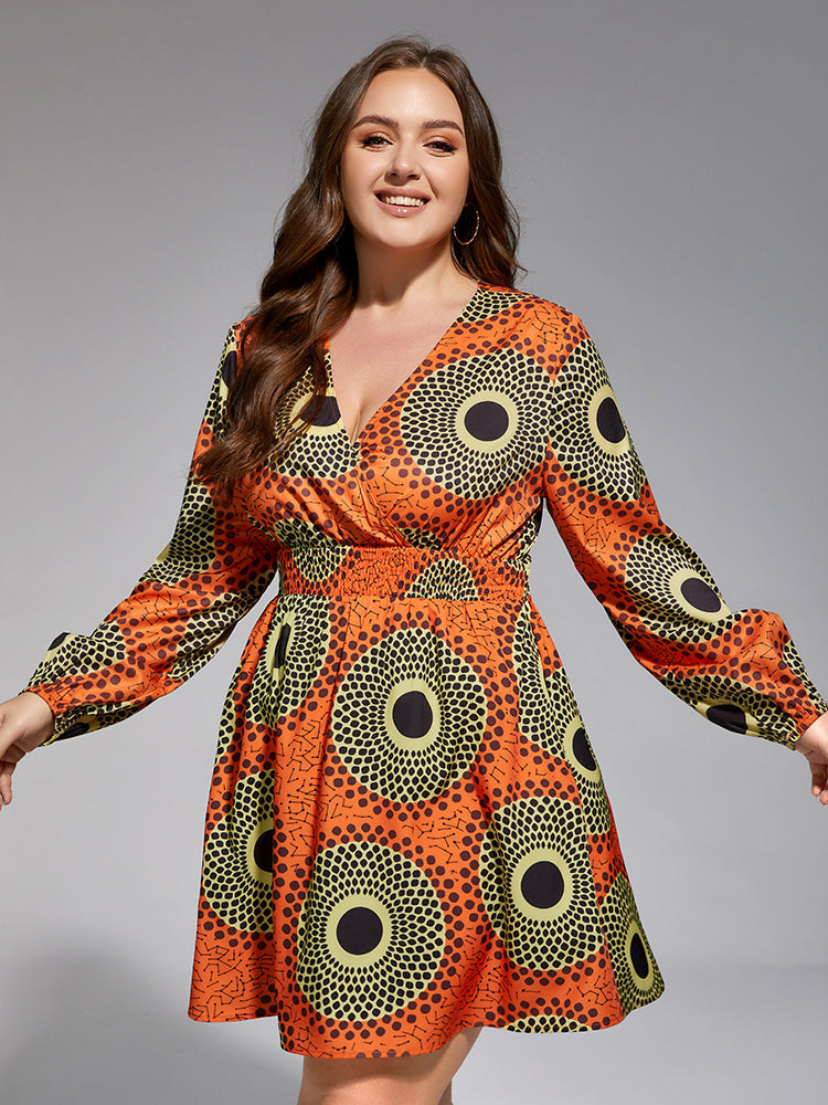 Plus Geometric V Neck Elastic Waist Dress for Women - gallery