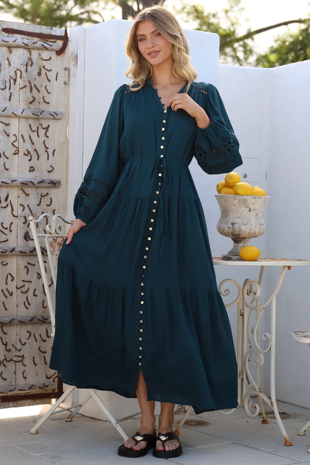 Alyce Maxi Dress - Mandarin Collar Button Down with Detachable Waist Tie... — gallery