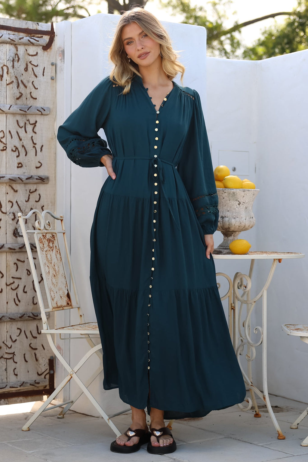 Alyce Maxi Dress - Mandarin Collar Button Down with Detachable Waist Tie... — gallery