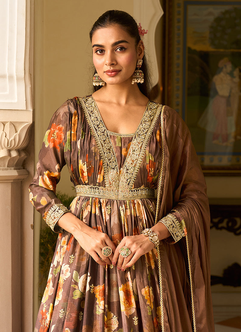 Brown Embroidered Floral Anarkali Dress for Women - gallery