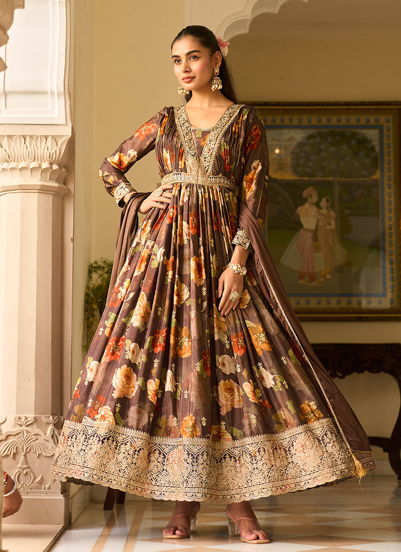 Brown Embroidered Floral Anarkali Dress for Women