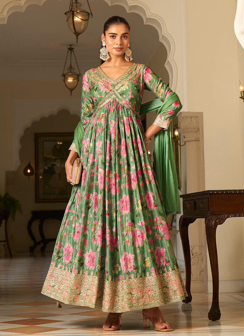 Green Embroidered Floral Anarkali Dress for Women