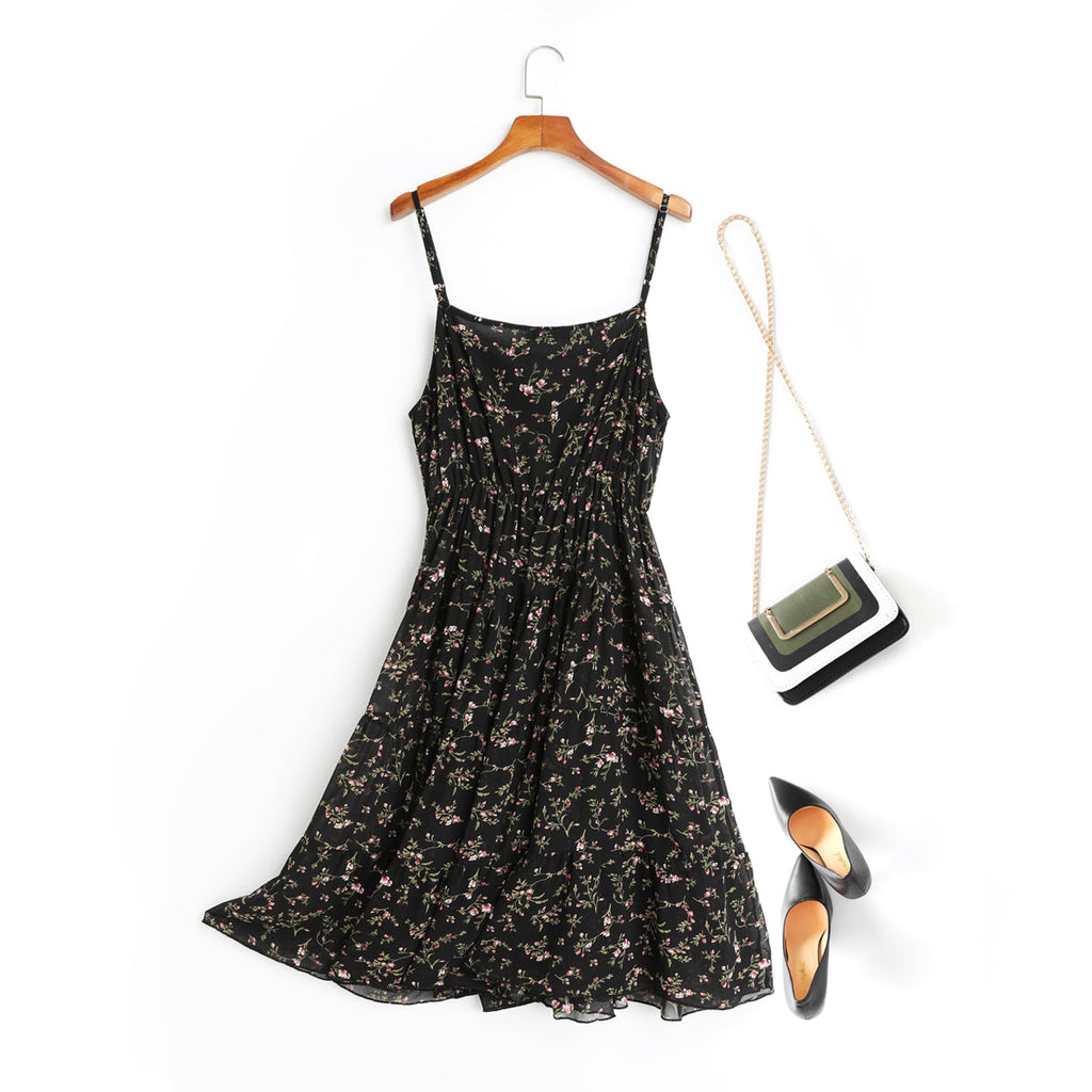 Andrea Floral Print V Neck Chiffon Camisole Spaghetti Sleeveless Midi Dress — gallery