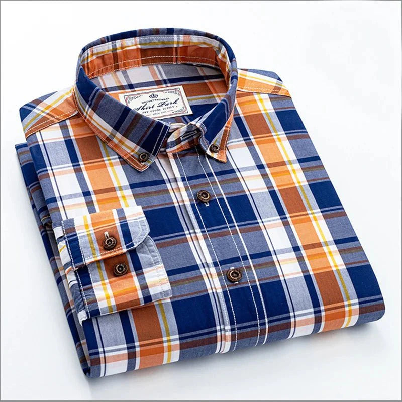 Cotton Plaid Satin-Weave Casual Shirt for Men