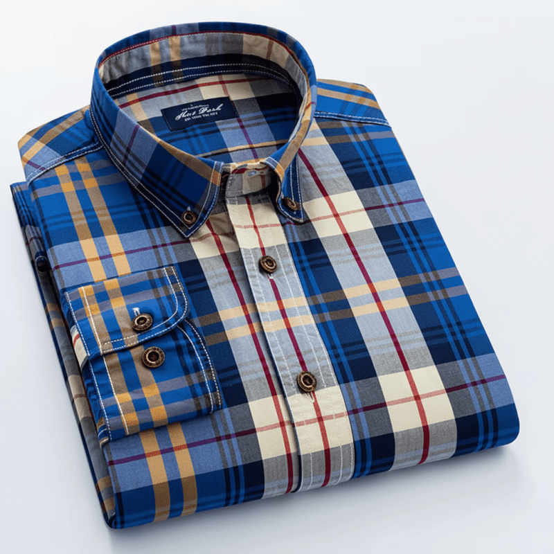 Cotton Plaid Satin-Weave Casual Shirt for Men - Navy
