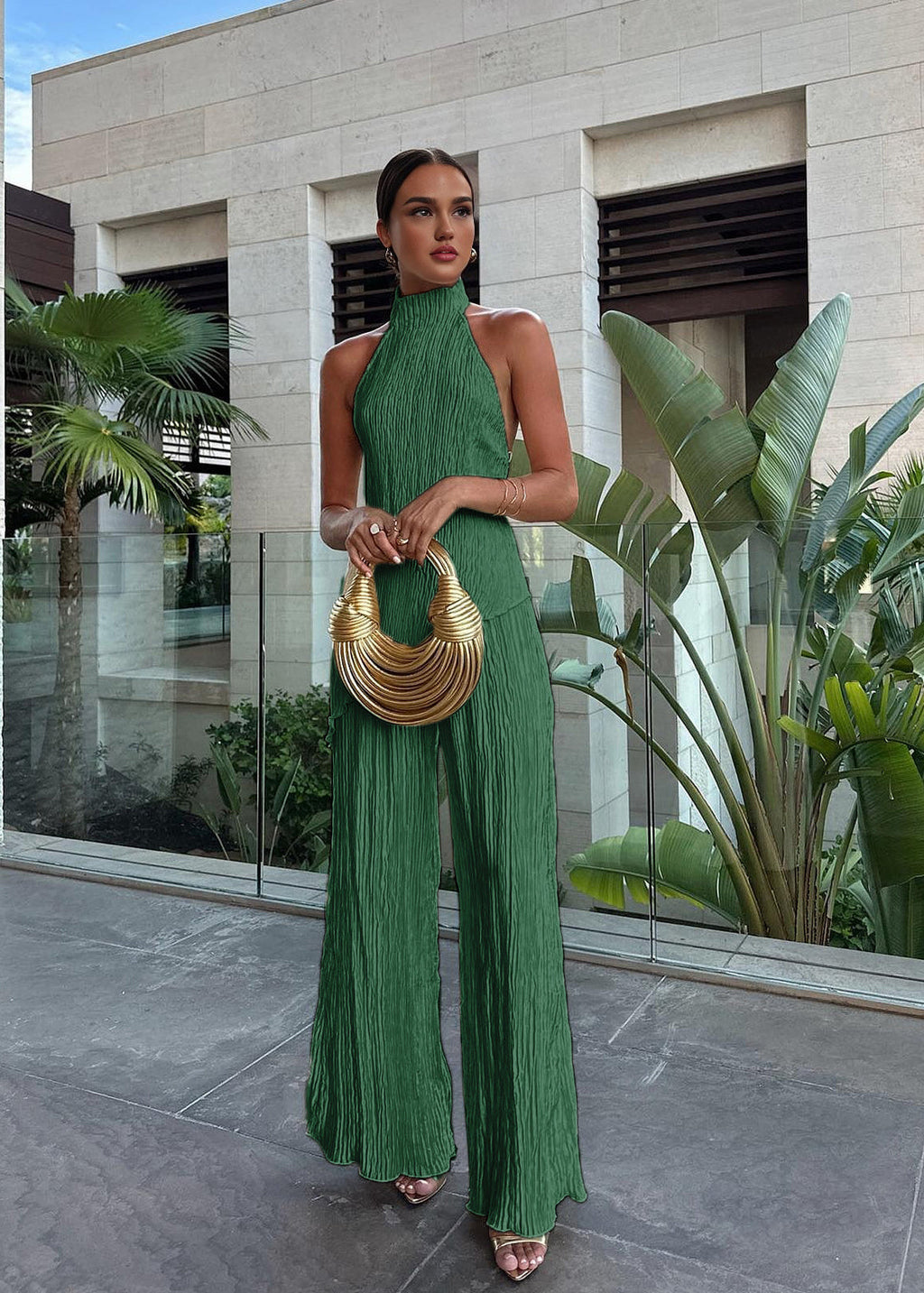 Halter Neck Pleated Top and Wide Leg Trousers Set for Women - gallery