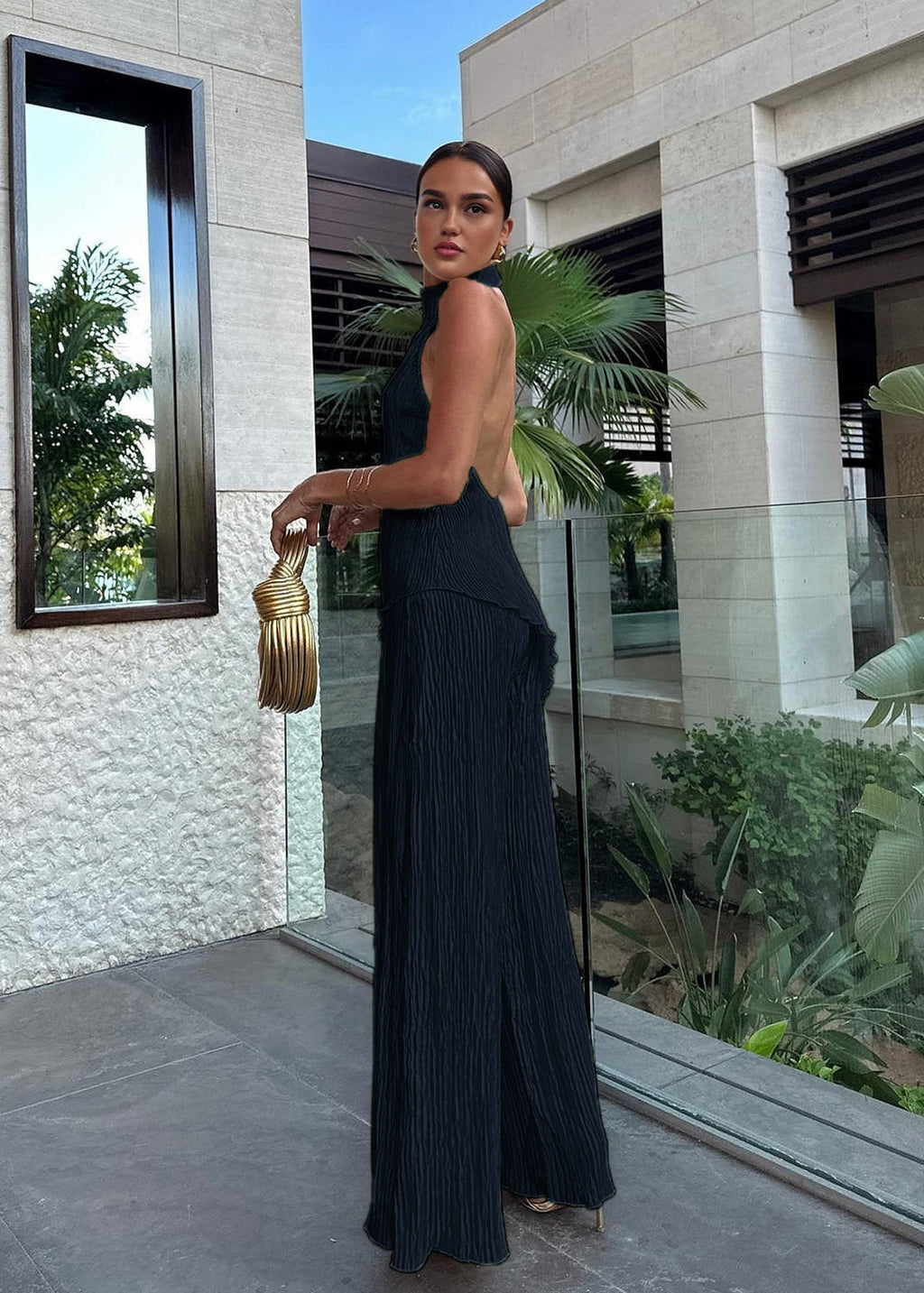 Halter Neck Pleated Top and Wide Leg Trousers Set for Women - gallery