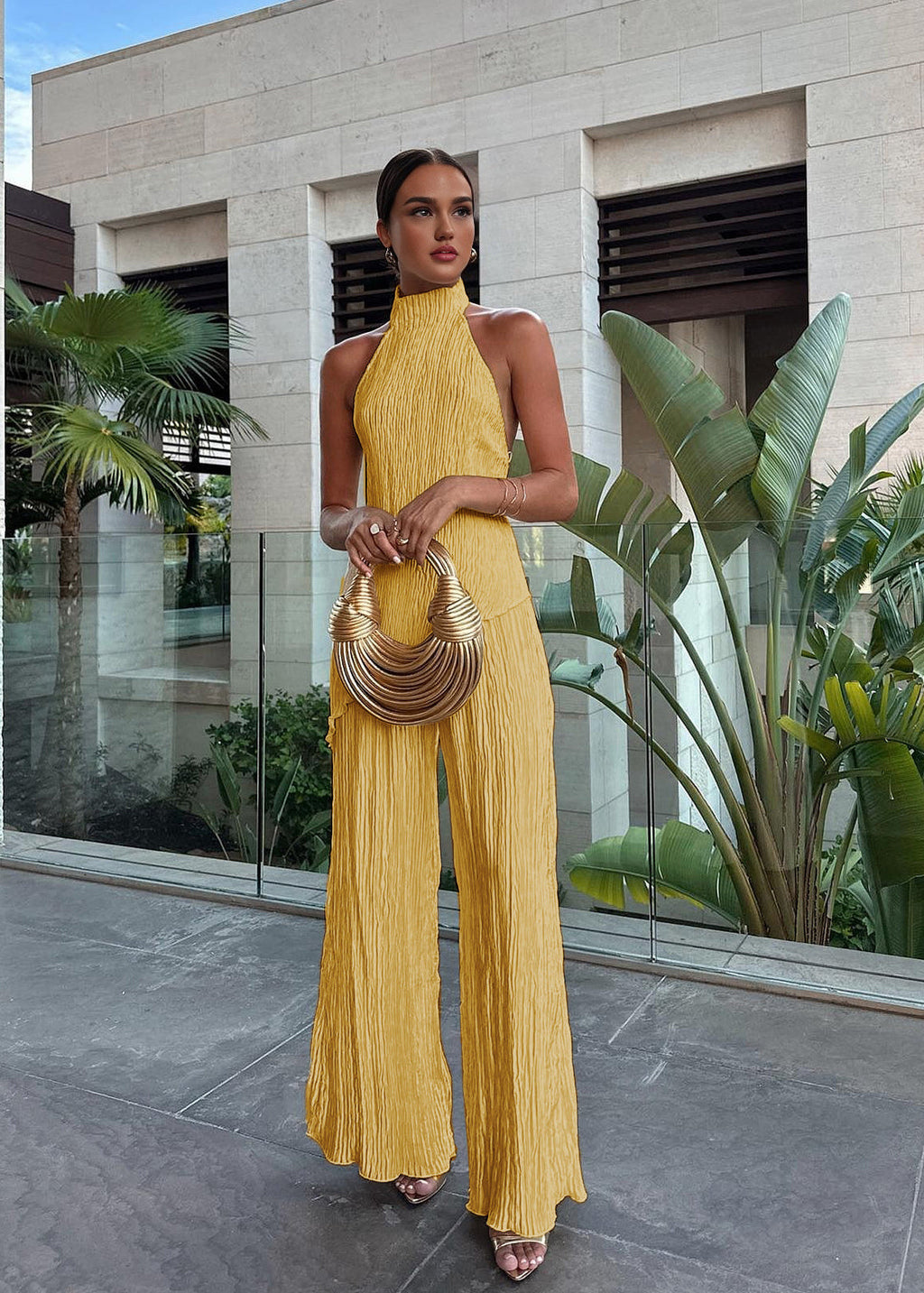 Halter Neck Pleated Top and Wide Leg Trousers Set for Women - gallery