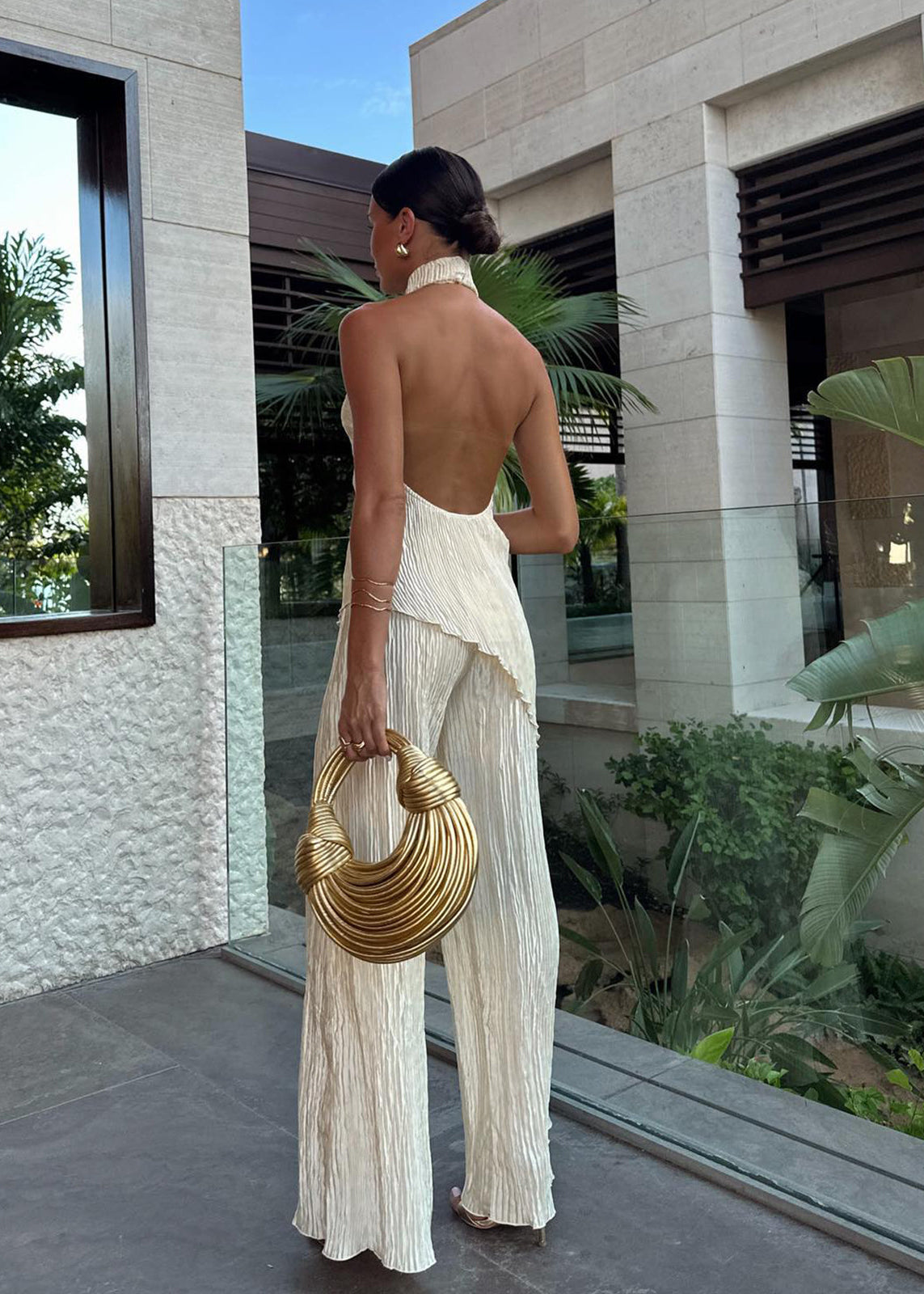 Halter Neck Pleated Top and Wide Leg Trousers Set for Women - gallery